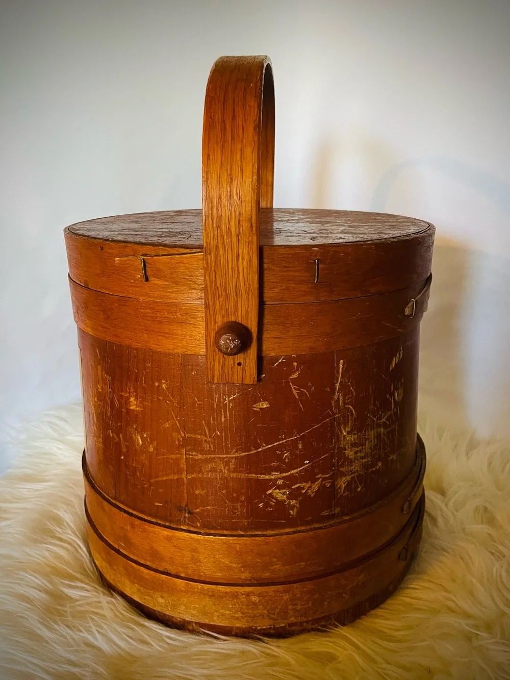 Vintage Primitive Wood FIRKIN Sugar Bucket Finger Bands Pegged Bentwood Handle